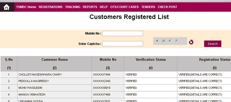 customers registered list page