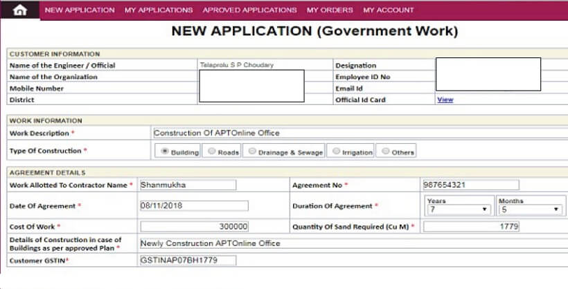 new application form for govt work sand order
